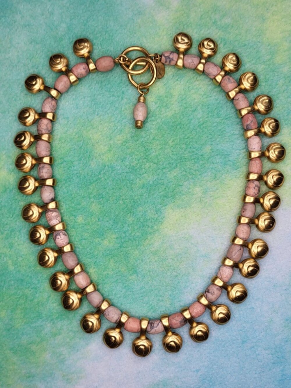 Vintage Anne Klein Couture Brushed Gold Tone and Pink Stone Necklace